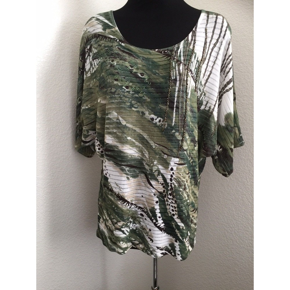 Alberto Makali Olive Green and White Abstract Print Dolman Tunic